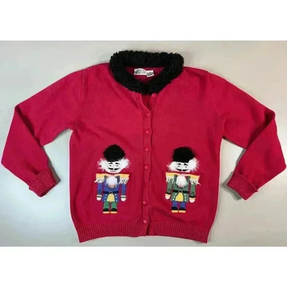 Collections etc. Sweaters - Vintage Womens Tacky Red Christmas Sweater Cardigan Med Nutcracker Knit Cotton